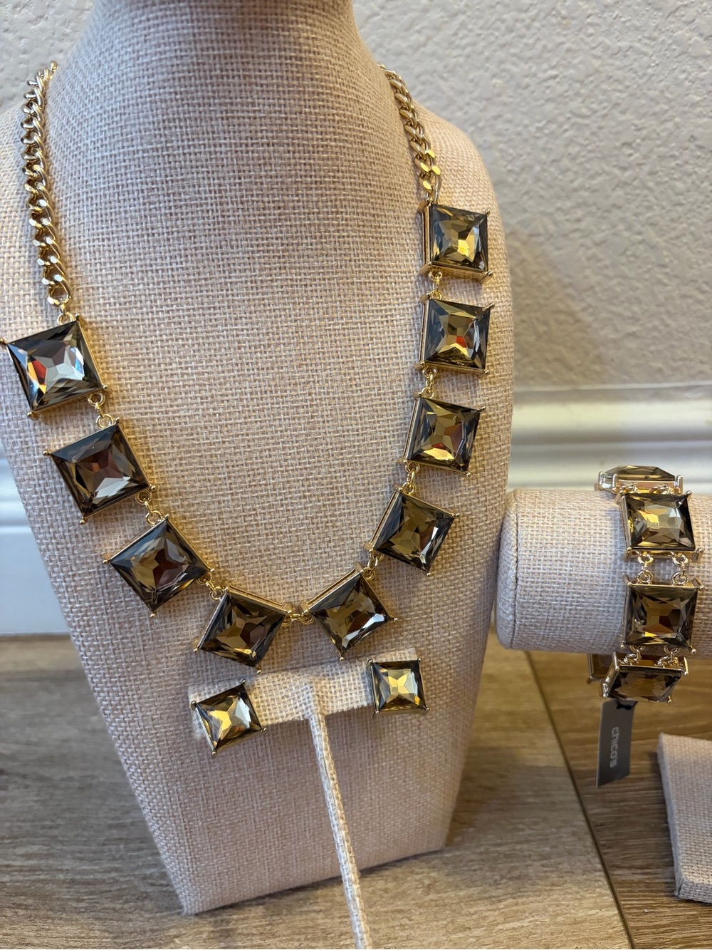 Chico’s Gold-Tone Smoky Crystal Statement Necklace, Earrings & Bracelet Set